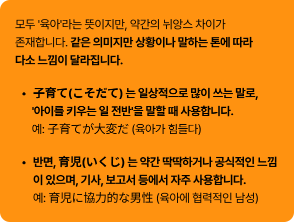 모두 '육아'라는 뜻이지만, 약간의 뉘앙스 차이가 존재합니다. 같은 의미지만 상황이나 말하는 톤에 따라 다소 느낌이 달라집니다. 子育て(こそだて) 는 일상적으로 많이 쓰는 말로, '아이를 키우는 일 전반'을 말할 때 사용합니다.예: 子育てが大変だ (육아가 힘들다) 반면, 育児(いくじ) 는 약간 딱딱하거나 공식적인 느낌이 있으며, 기사, 보고서 등에서 자주 사용합니다.예: 育児に協力的な男性 (육아에 협력적인 남성)