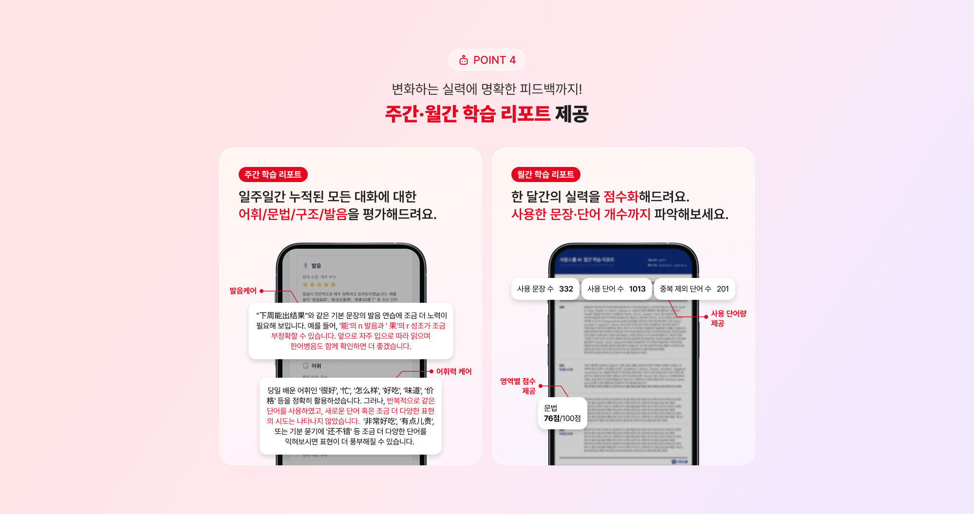 POINT 4 변화하는 실력에 명확한 피드백까지! 주간·월간 학습리포트 제공