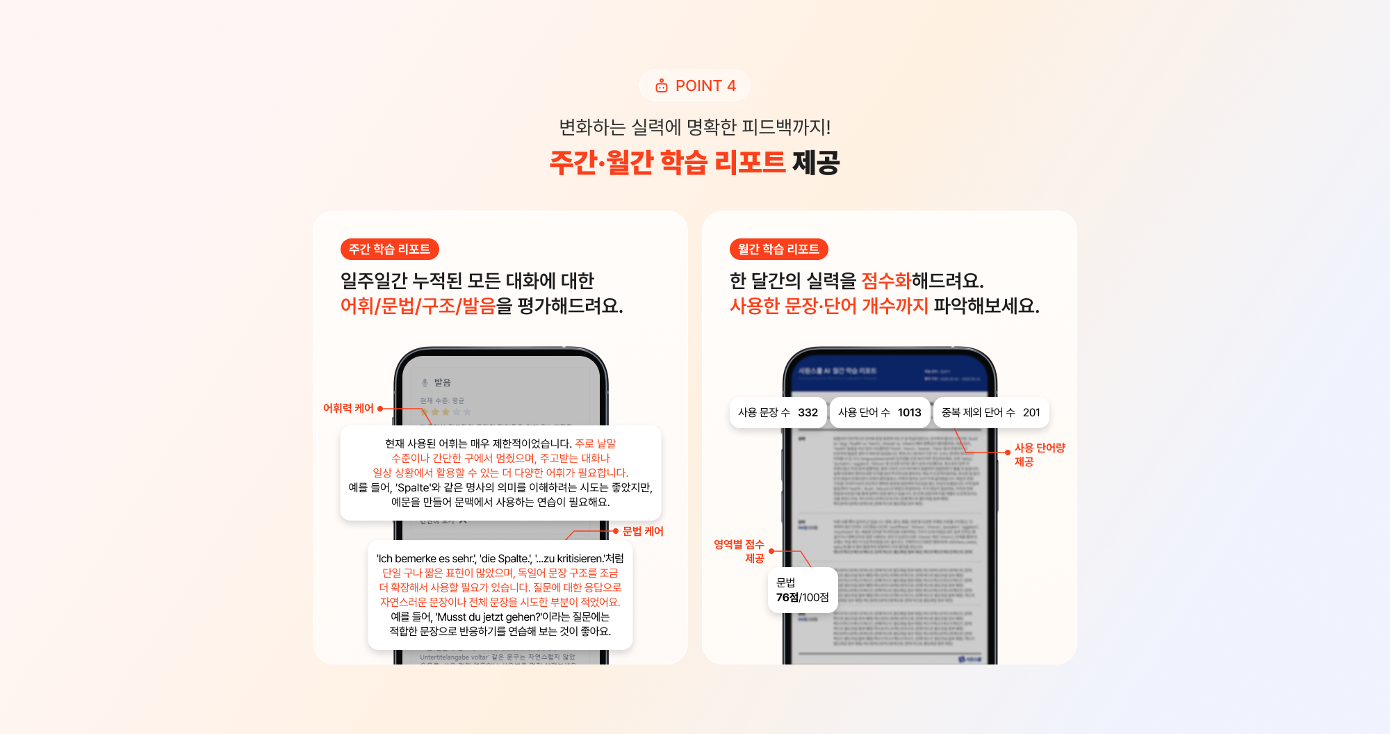 POINT 4 변화하는 실력에 명확한 피드백까지! 주간·월간 학습리포트 제공