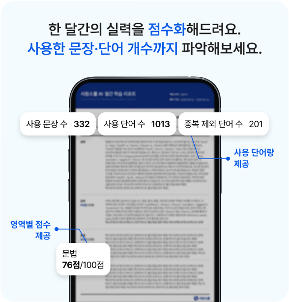 한 달간의 실력을 점수화해드려요. 사용한 문장·단어 개수까지 파악해보세요.