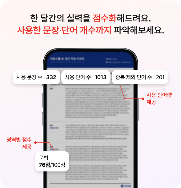 한 달간의 실력을 점수화해드려요. 사용한 문장·단어 개수까지 파악해보세요.