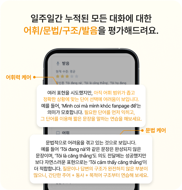 일주일간 누적된 모든 대화에 대한 어휘/문법/구조/발음을 평가해드려요.