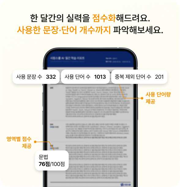 한 달간의 실력을 점수화해드려요. 사용한 문장·단어 개수까지 파악해보세요.
