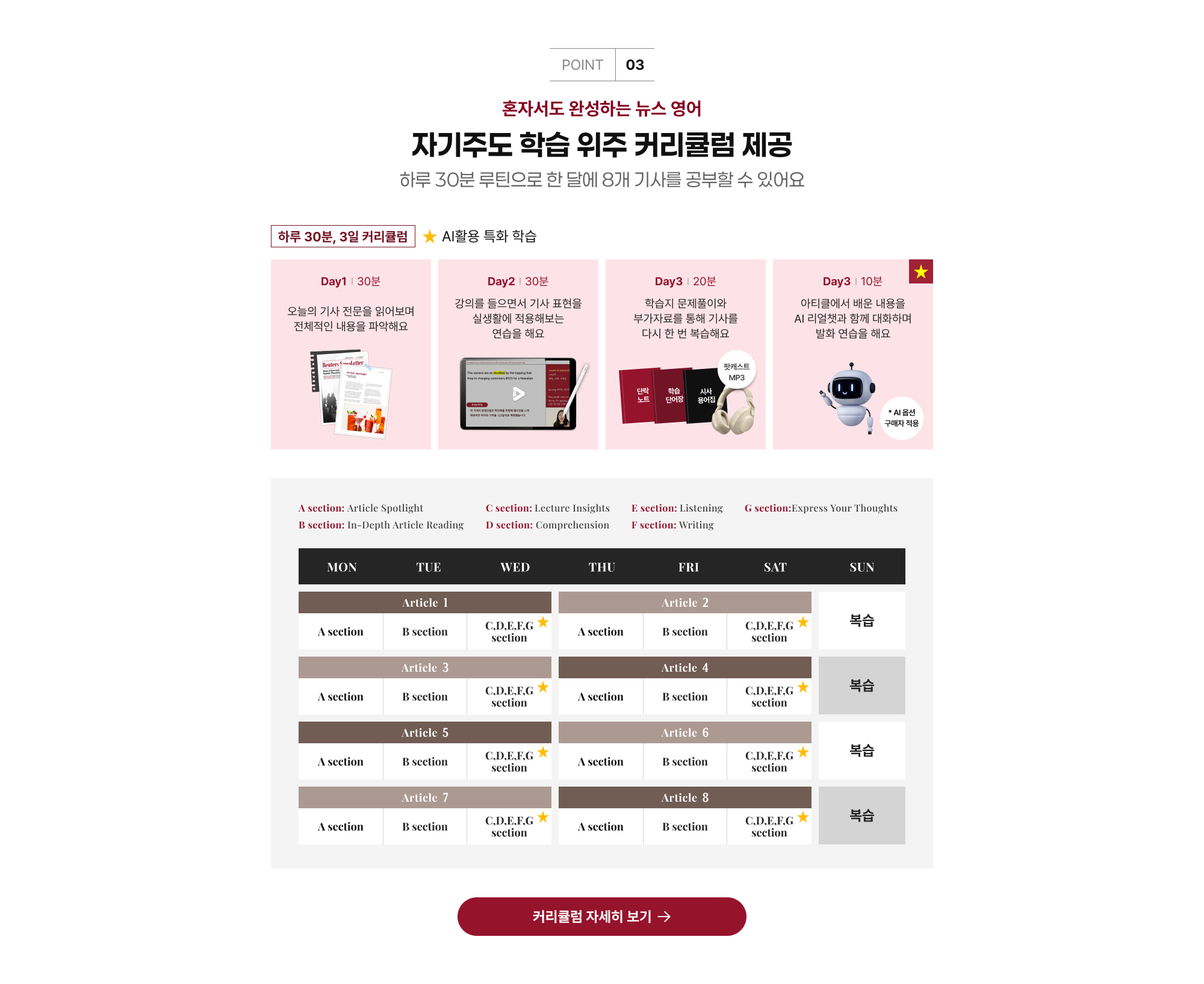 혼자서도 완성하는 뉴스 영어 자기주도 학습 위주 커리큘럼 제공 하루 30분 루틴으로 한 달에 8개 기사를 공부할 수 있어요