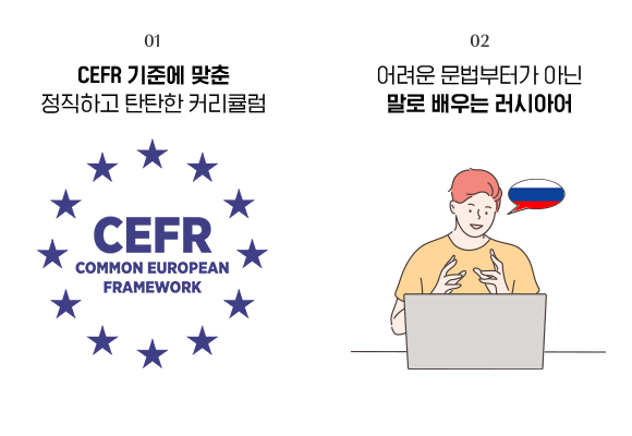 CEFR 기준에 맞춘 정직하고 탄탄한 커리큘럼, 어려운 문법부터가 아닌 말로 배우는 러시아어