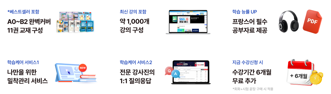 A0 ~ B2 완벽 커버 13권 교재 구성 최신 강의 포함  DELF 감독관 포함 학습 능률 UP 원어민 음성 약 1천개 강의 11인의 일타강사진 PDF 자료10종 제공 MP3 파일 제공