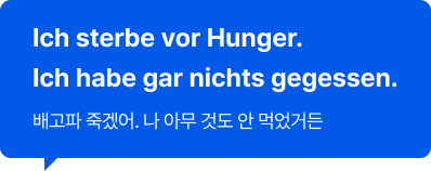 Ich sterbe vor Hunger. Ich habe gar nichts gegessen. 배고파 죽겠어. 나 아무 것도 안 먹었거든