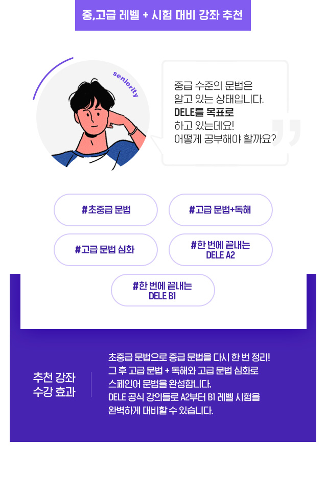 중,고급 레벨 + 시험 대비 강좌 추천. 추천강좌 : 초중급문법 / 고급문법+독해 / 고급문법심화 / 한 번에 끝내는 DELE A2 / 한 번에 끝내는 DELE B1. 수강효과 : 초중급 문법으로 중급 문법을 다시 한 번 정리! 그 후 고급 문법 + 독해와 고급 문법 심화로 스페인어 문법을 완성합니다. DELE 공식 강의들로 A2부터 B1 레벨 시험을 완벽하게 대비할 수 있습니다.