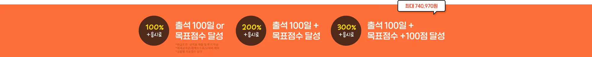 출석만 해도 수강료 100% 현금환급. 목표 달성만해도 수강료 100% 현금환급