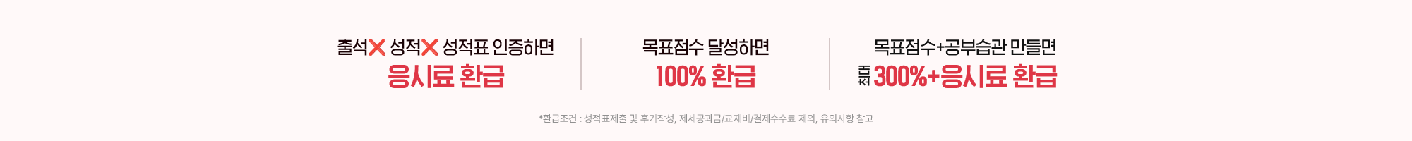 출석x 성적x 성적표 인증하면 응시료 환급 / 목표점수 달성하면 100% 환급 / 목표점수+공부습관 만들면 최대 300% + 응시료 환급