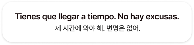 Tienes que llegar a tiempo. No hay excusas. 제 시간에 와야 해. 변명은 없어.