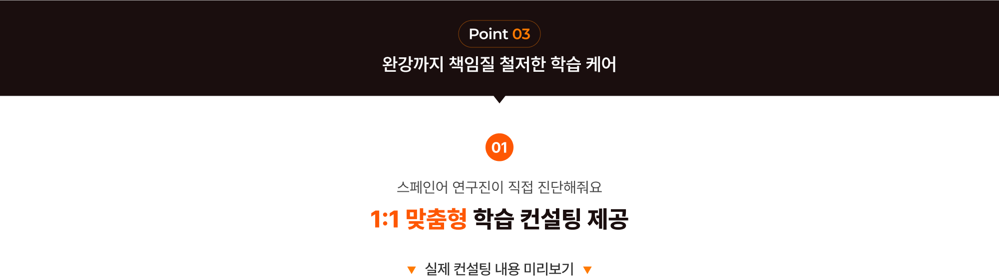 Point 03 완강까지 책임질 철저한 학습 케어 01 스페인어 연구진이 직접 진단해줘요 1:1 맞춤형 학습 컨설팅 제공 실제 컨설팅 내용 미리보기