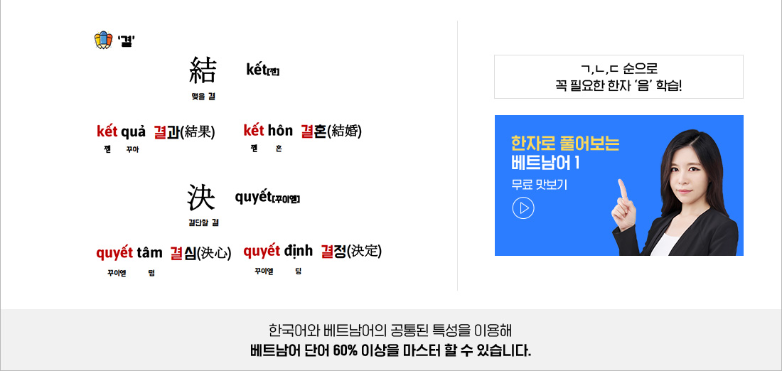 한국어와 베트남어의 공통된 특성을 이용해 베트남어 단어 60% 이상을 마스터 할 수 있습니다.