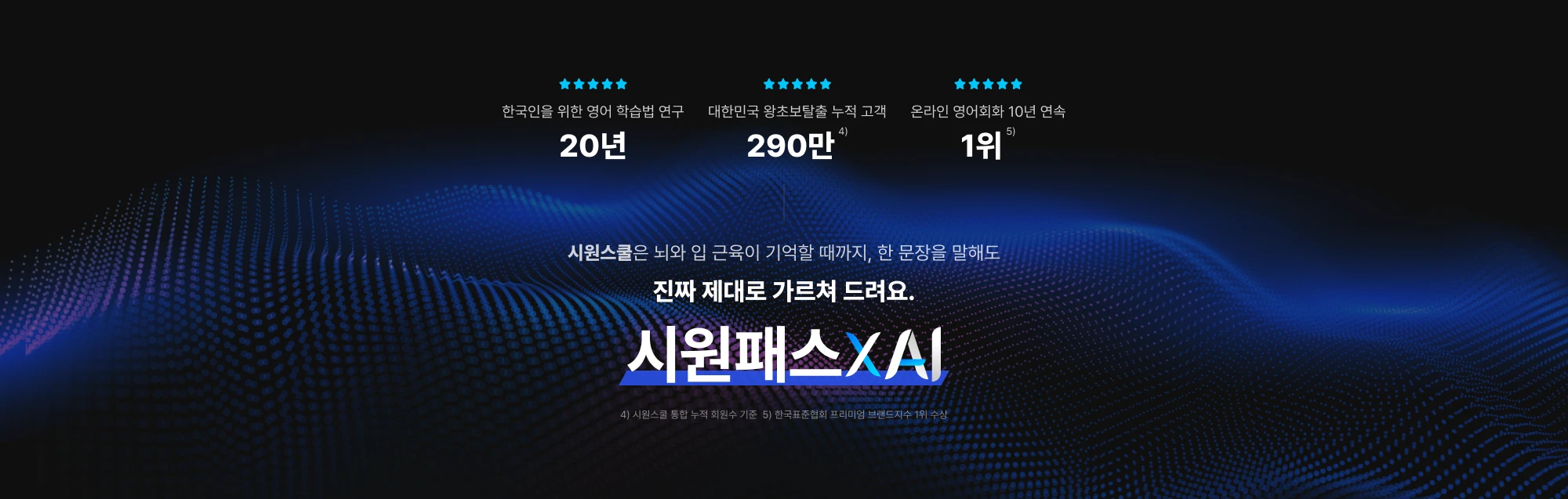 한국인을 위한 영어 학습법 연구 20년 대한민국 왕초보탈출 누적 고객 290만 온라인 영어회화 10년 연속 1위 시원스쿨은  뇌와 입 근육이 기억할 때까지, 한 문장을 말해도 진짜 제대로 가르쳐 드려요. 시원스쿨xai * 한국표준협회 프리미엄 브랜드지수 1위 수상